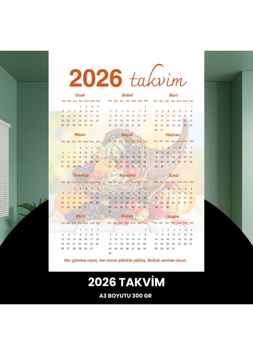 Takvim 2026 Premium A3 300 gr Dijital Baskı Turuncu