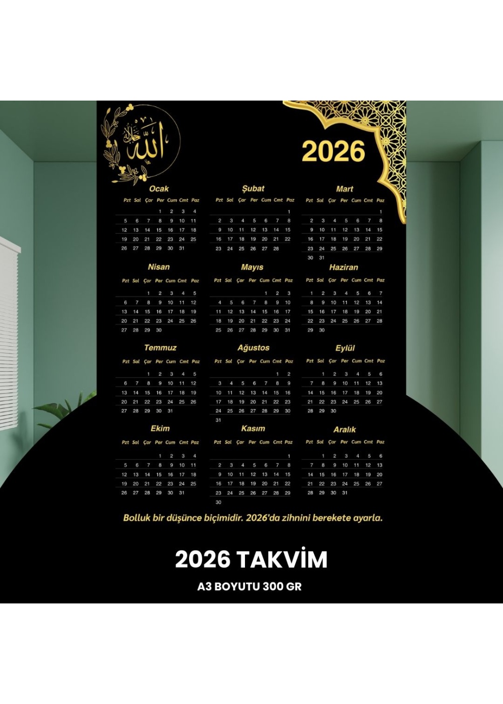 Takvim 2026 Premium A3 300 gr Dijital Baskı Altın