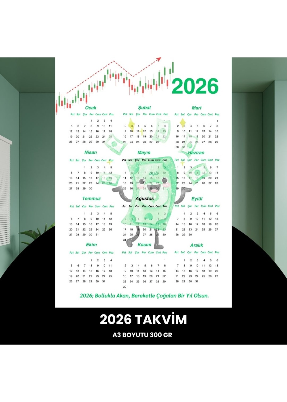 Takvim 2026 Premium A3 300 gr Dijital Baskı Yeşil Para