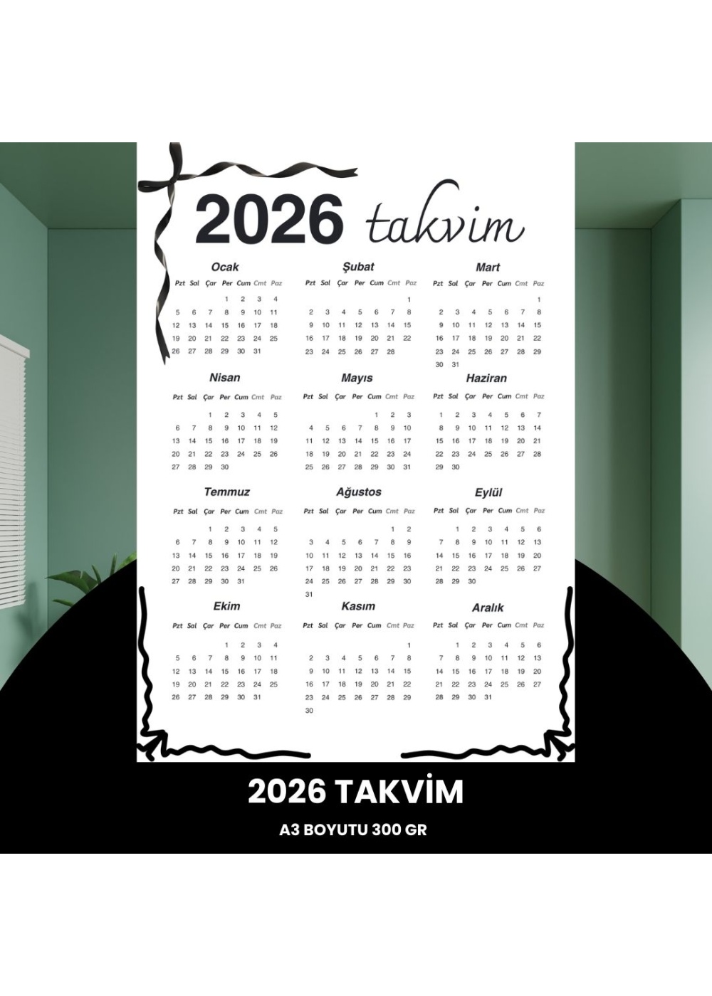 Takvim 2026 Premium A3 300 gr Dijital Baskı Siyah Kurdele