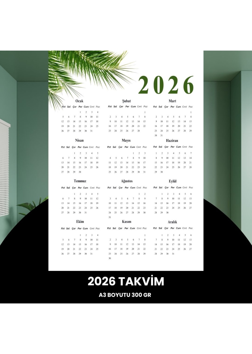 Takvim 2026 Premium A3 300 gr Dijital Baskı Yeşil Dal
