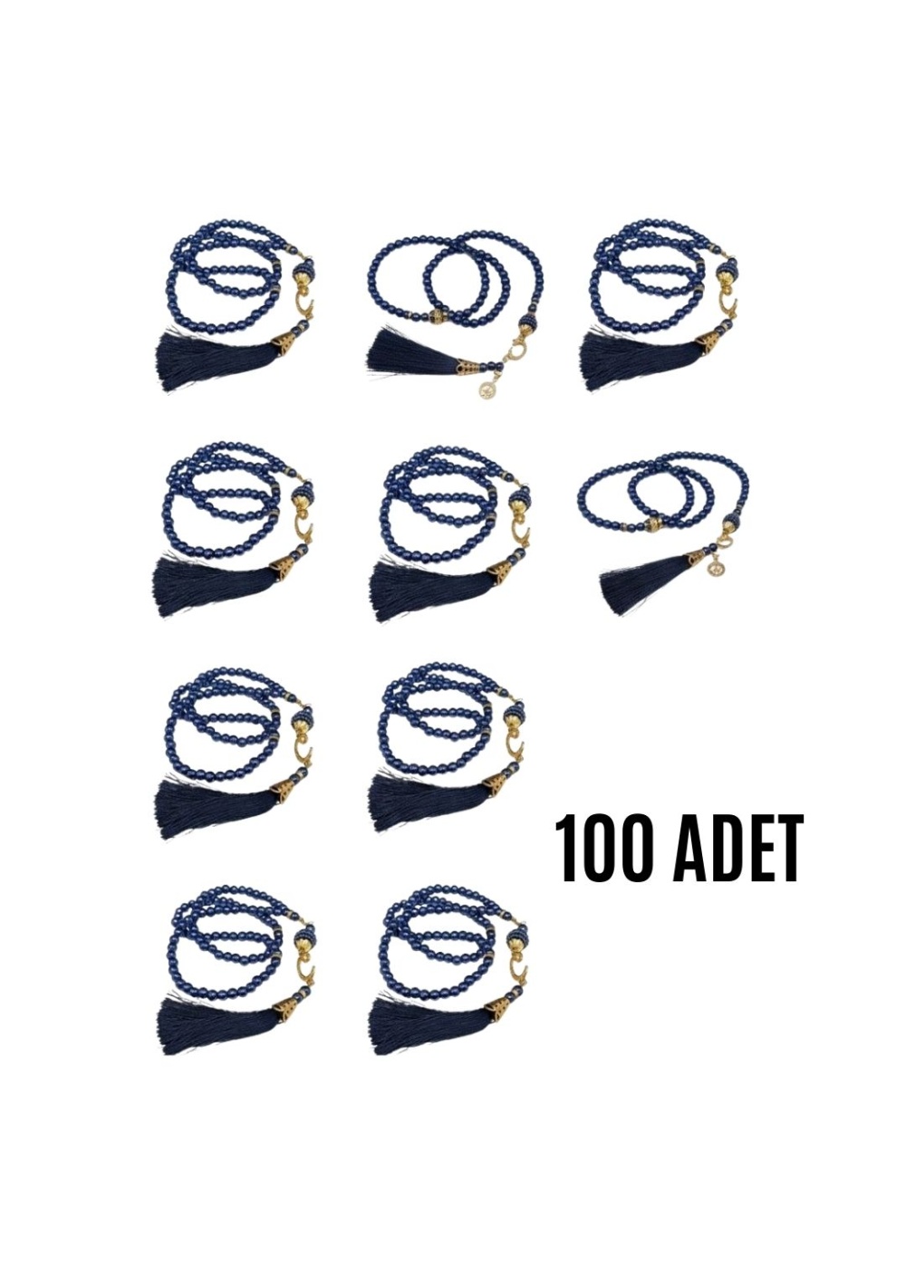 Namaz Tesbihi Vavlı 99lu Cam İncili Ayet-el Kürsi Dua Kartı ile Lacivert Renk Hediyelik 10 Adet