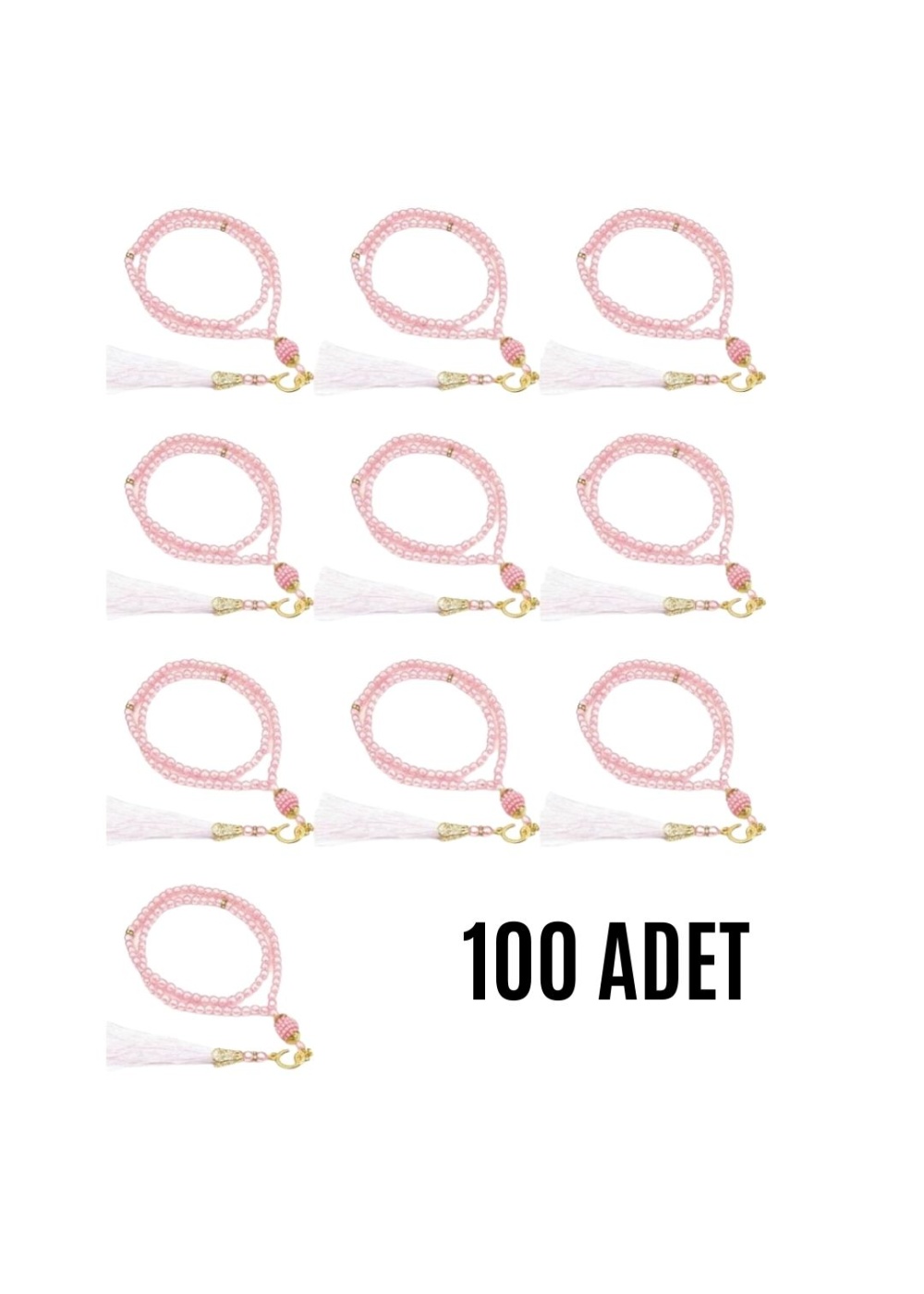 Namaz Tesbihi Vavlı 99lu Cam İncili Esmaul Hüsna Dua Kartı ile Pembe Renk Hediyelik 100 Adet