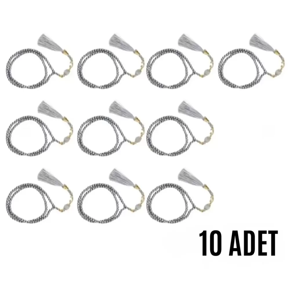 Namaz Tesbihi Vavlı 99lu Cam İncili 35 Besmele-i Şerif Dua Kartı ile Gri Renk Hediyelik 10 Adet