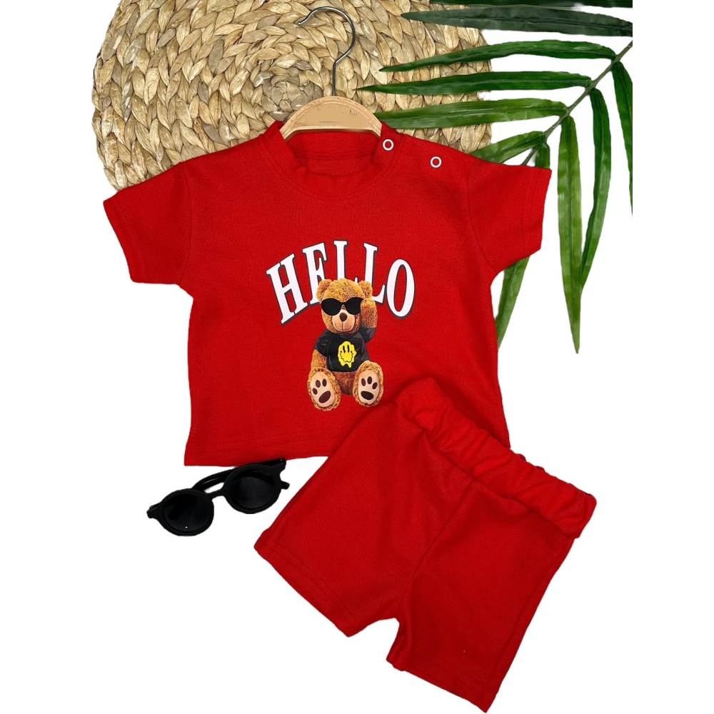 9-12-18-24 Ay Hello Gözlüklü Ayıcık Baskılı Şortlu Kısa Kollu Tişört 2li Erkek Bebek Takımı