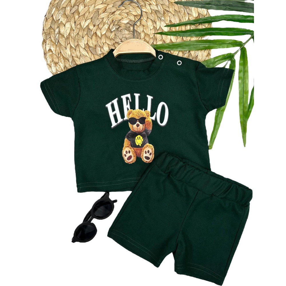 9-12-18-24 Ay Hello Gözlüklü Ayıcık Baskılı Şortlu Kısa Kollu Tişört 2li Erkek Bebek Takımı