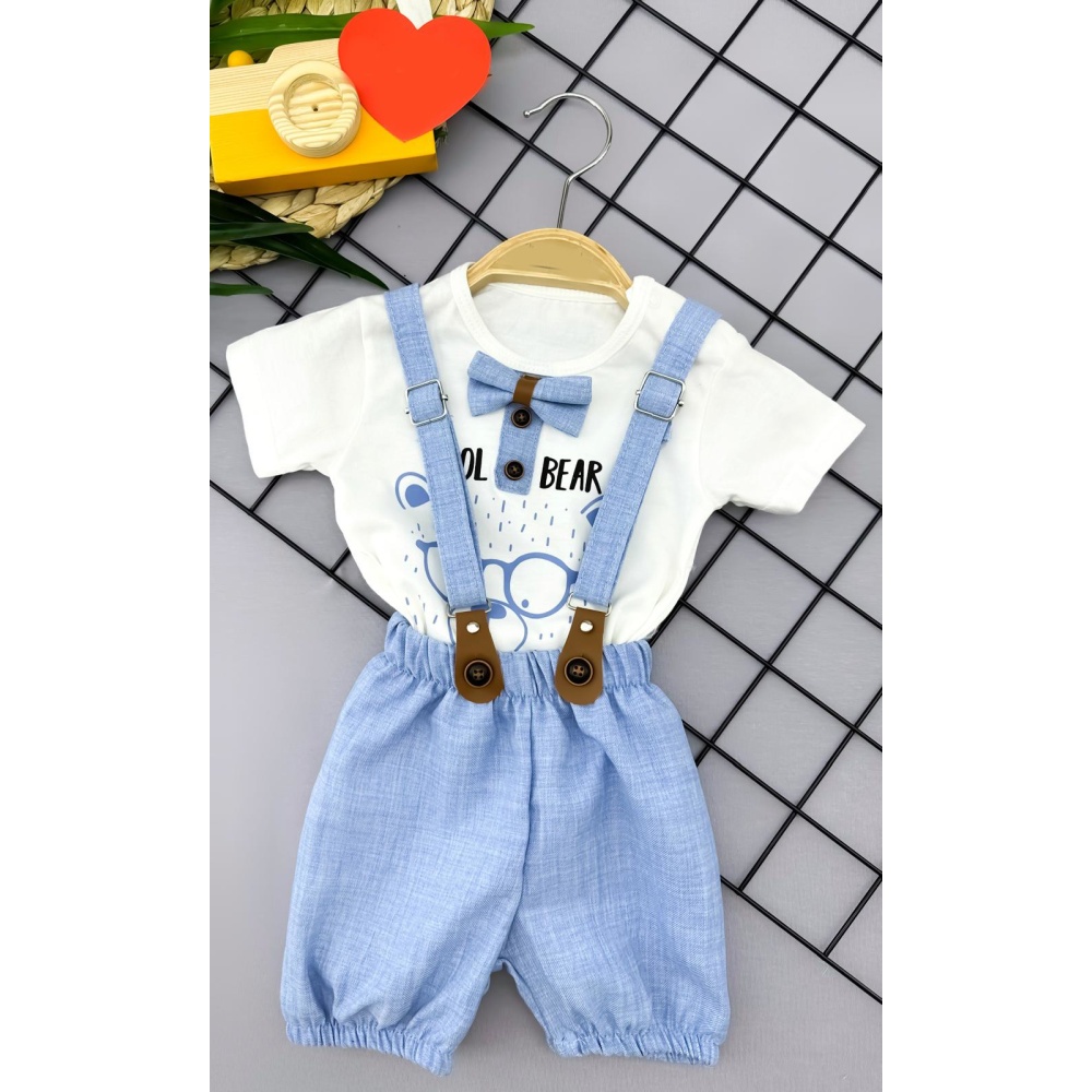 9-12-18-24 Ay Papyon Detaylı Keten Şort Salopet Tişörtlü 2li Erkek Bebek Takımı