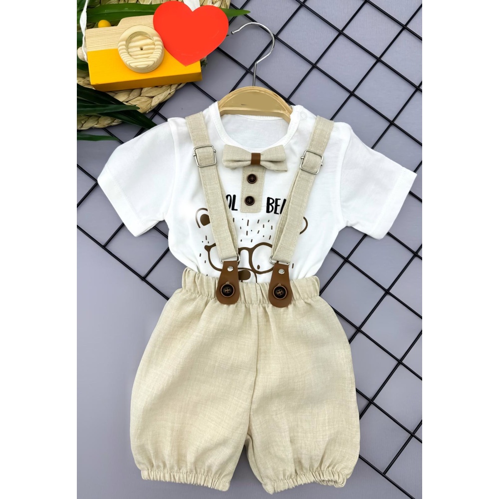 9-12-18-24 Ay Papyon Detaylı Keten Şort Salopet Tişörtlü 2li Erkek Bebek Takımı