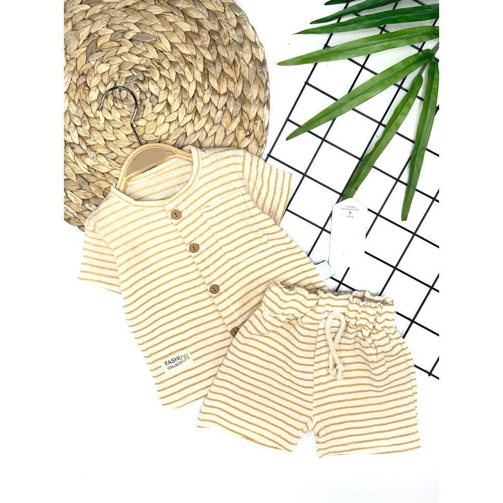9-12-18-24 Ay Düğme Detaylı Çizgili Müslin Kumaş Yazlık 2li Erkek Bebek Takımı
