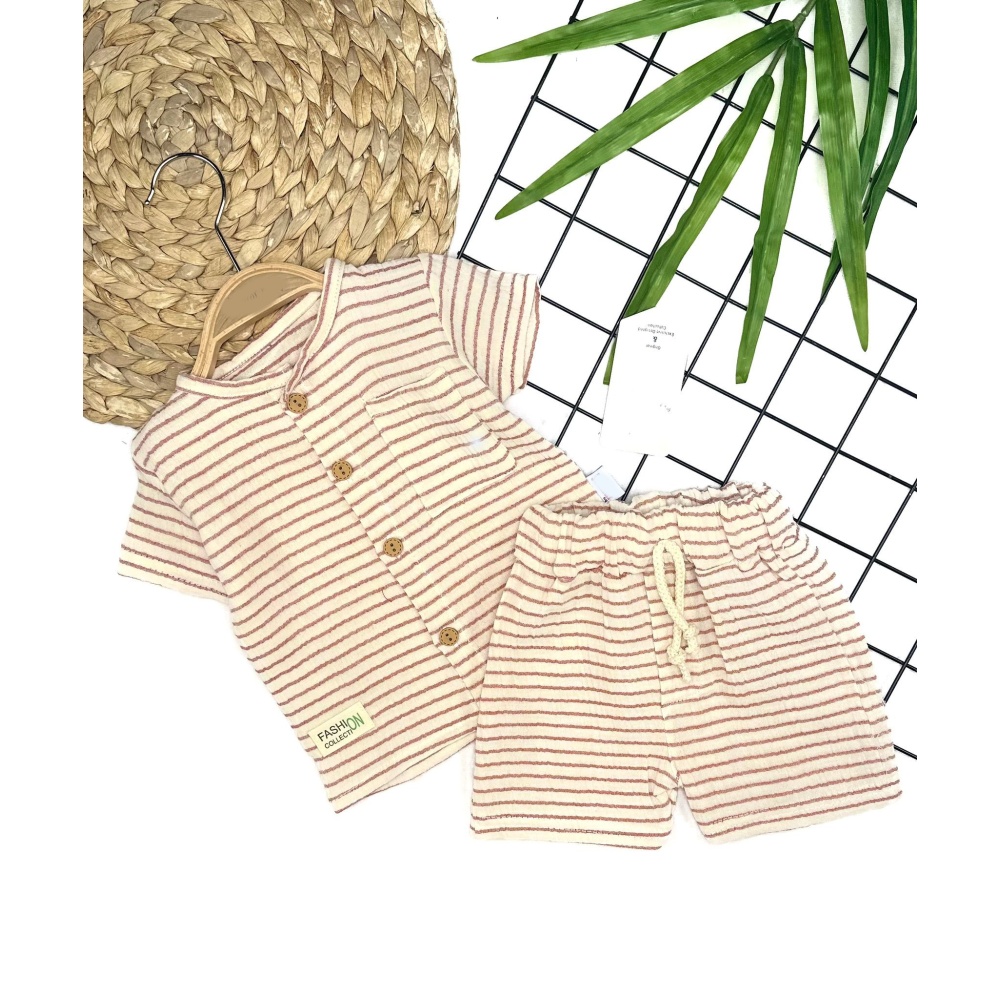 9-12-18-24 Ay Düğme Detaylı Çizgili Müslin Kumaş Yazlık 2li Erkek Bebek Takımı