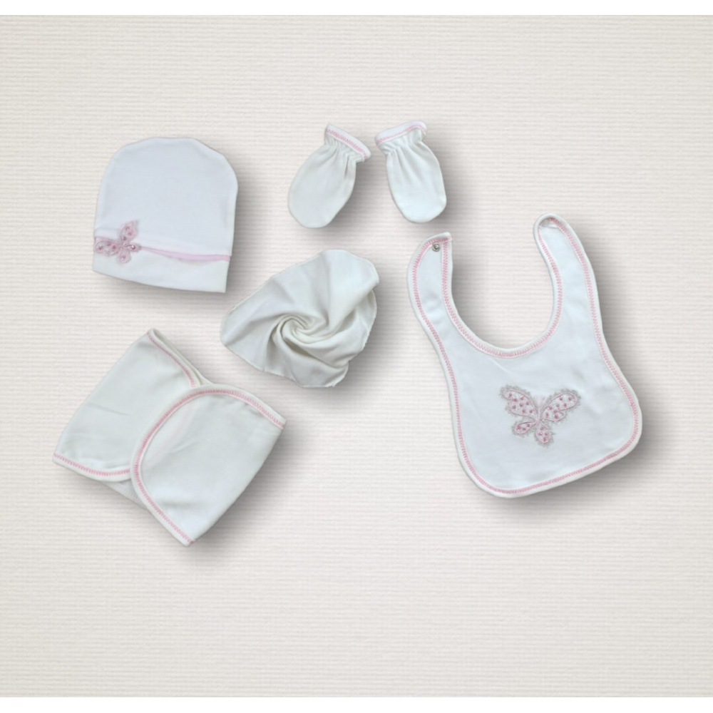 Uçan Kelebekler Nakışlı %100 Cotton Antibakteriyel 10lu Zıbın Takımı Hastane Çıkışı