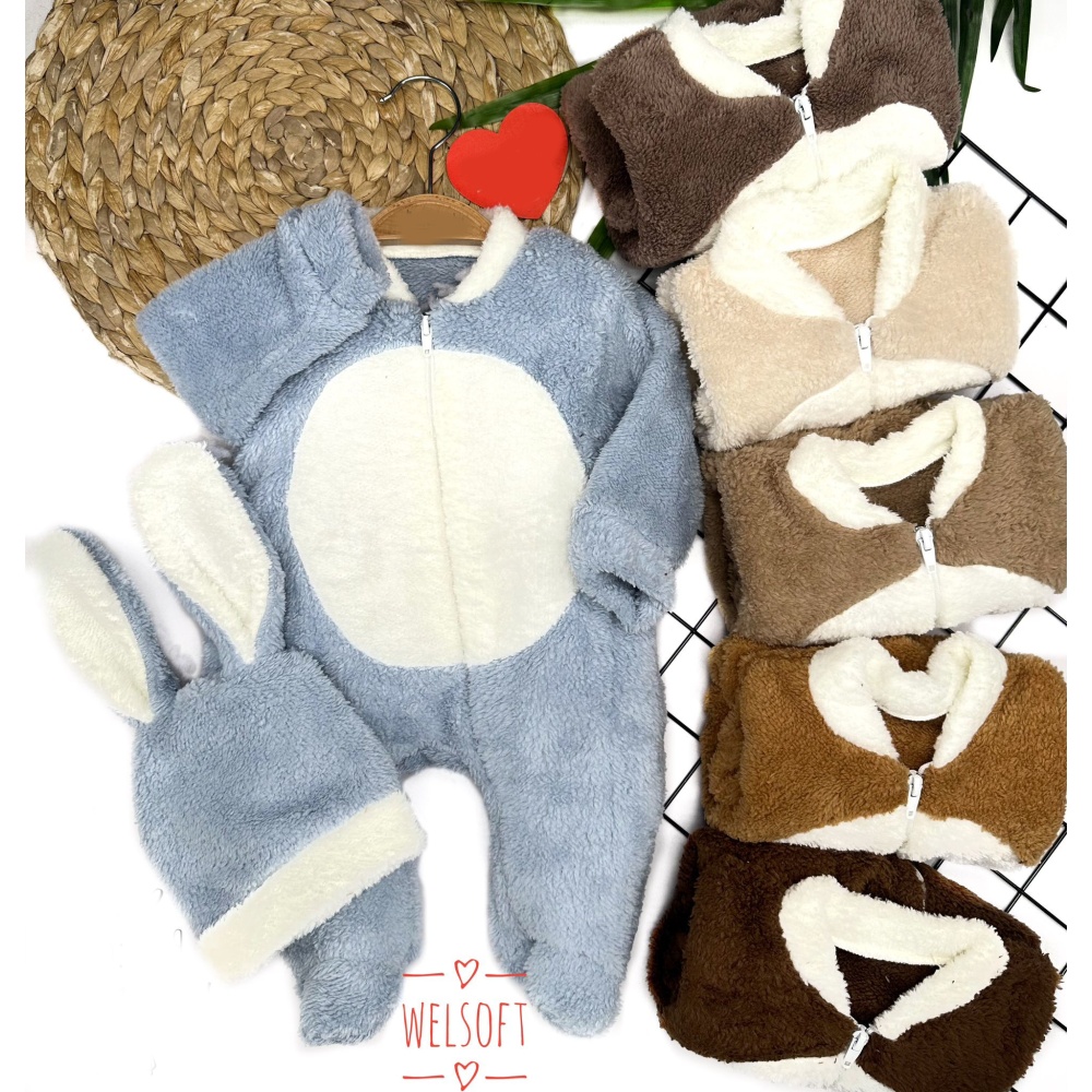 3-6-9-12 Ay Tavşan Kulak Şapkalı Fermuar Kapamalı Patikli Eldivenli Tüylü Erkek Bebek Tulumu