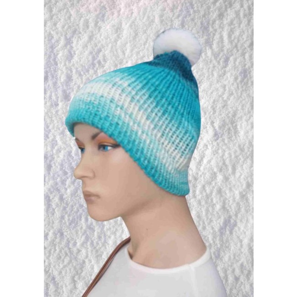 El Örgüsü Doğal Yün ve Akrilik Karışımlı Sıcacık Kış Beresi Mavi Karışık Renk