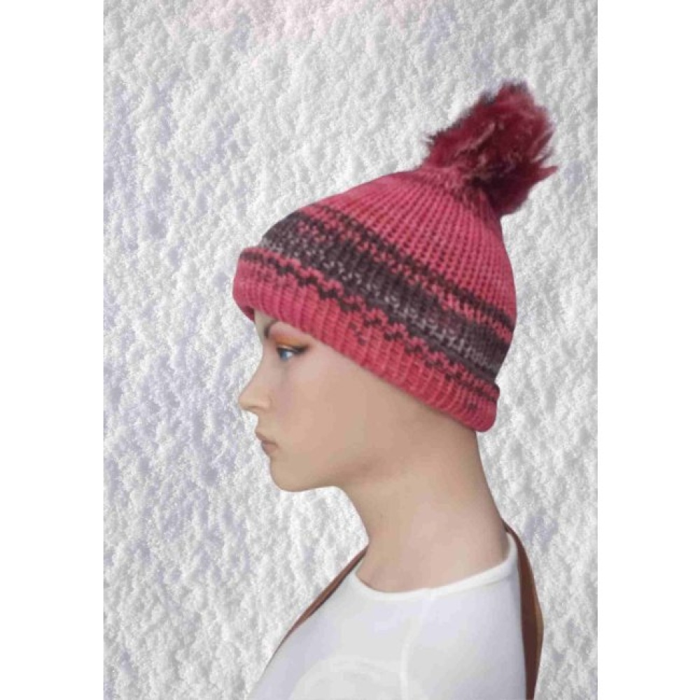 El Örgüsü Doğal Yün ve Akrilik Karışımlı Sıcacık Kış Beresi Koyu Pembe Karışık