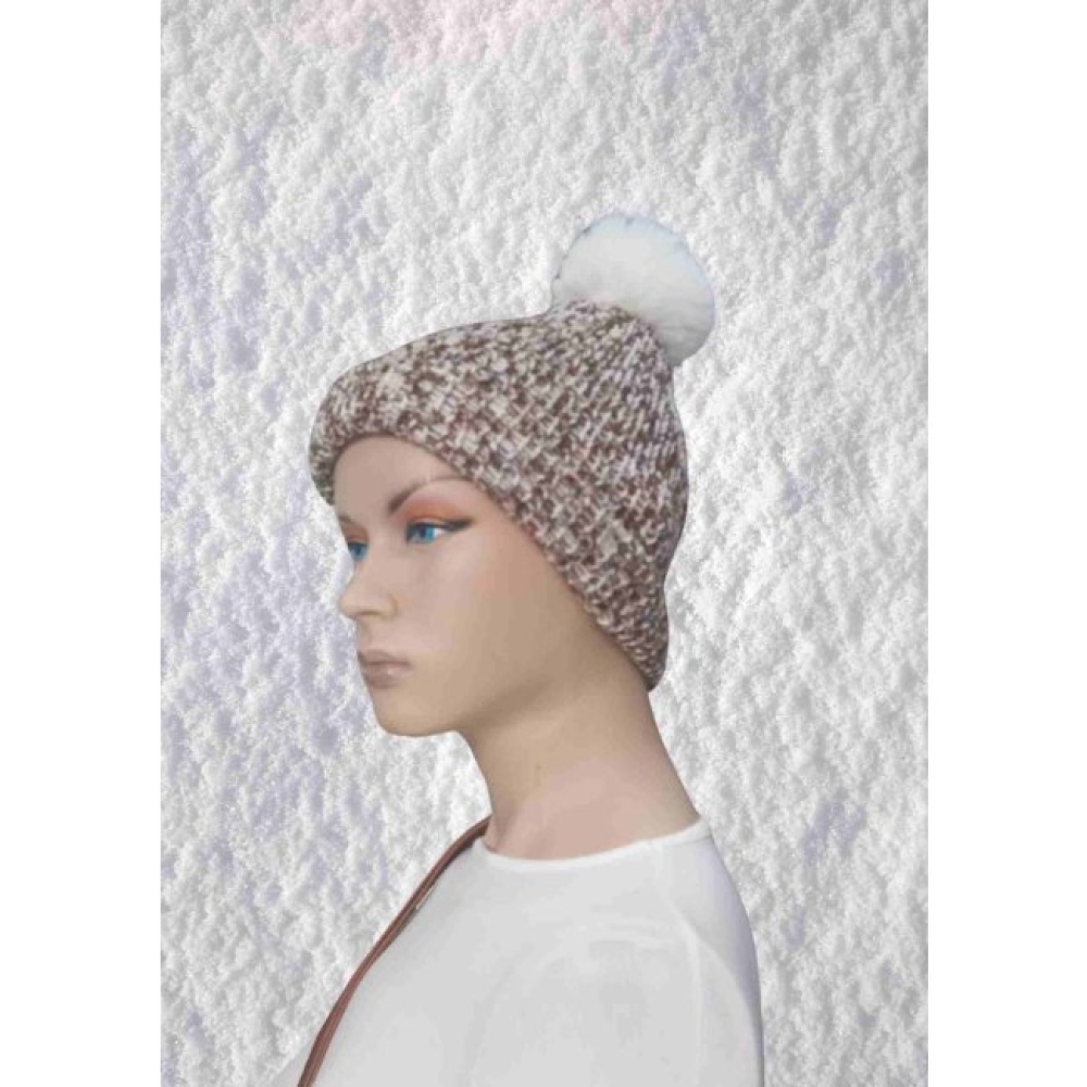 El Örgüsü Doğal Yün ve Akrilik Karışımlı Sıcacık Kış Beresi Kahve-Beyaz