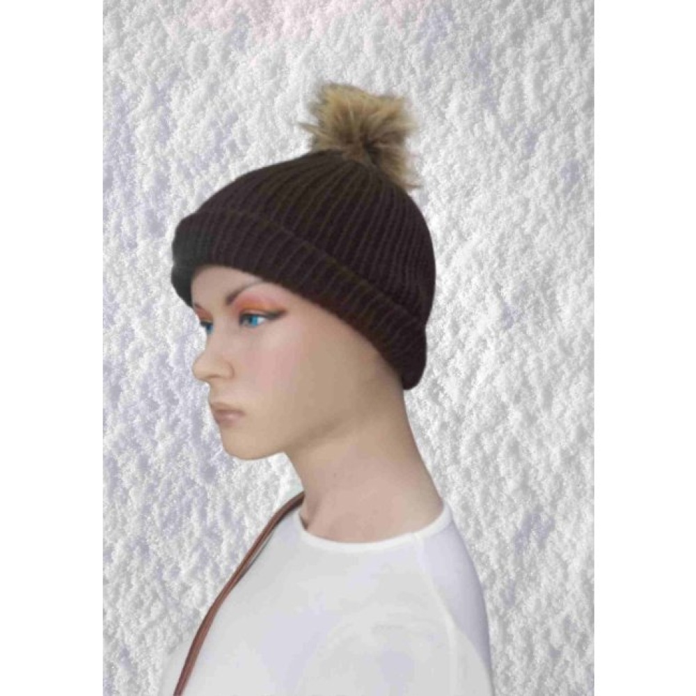 El Örgüsü Doğal Yün ve Akrilik Karışımlı Sıcacık Kış Beresi Kahverengi Renk