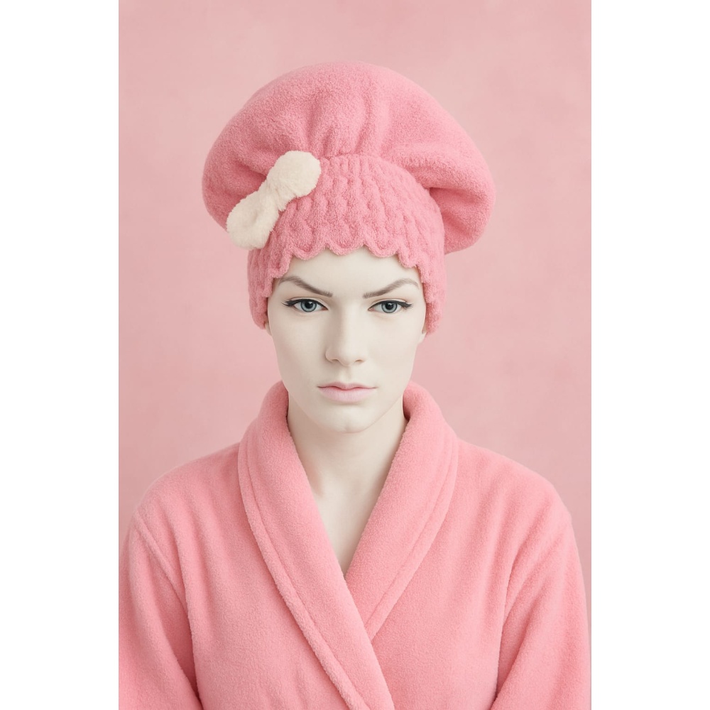 Saç Kurulama Banyo Duş Bonesi – %100 Pamuk , Fiyonklu Pembe