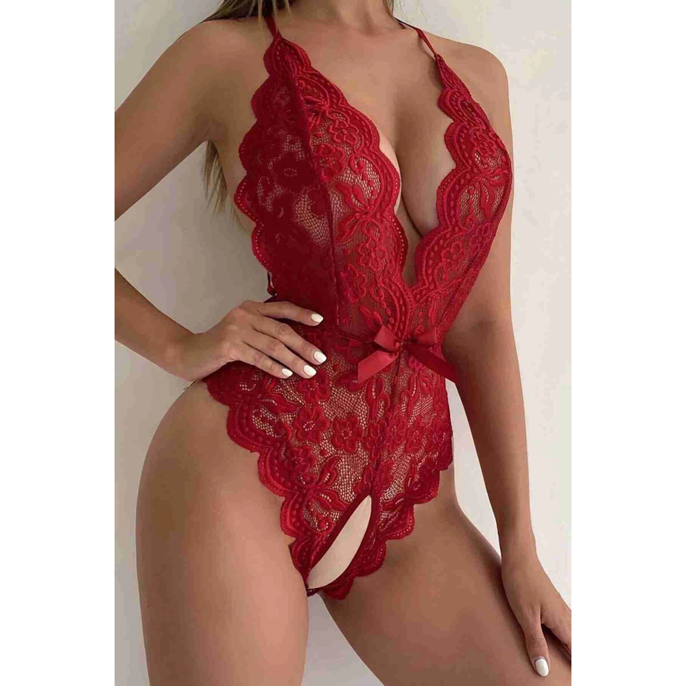 Özel Bölgesi Açık Dantelli Kırmızı Fantazi Babydoll TM1278