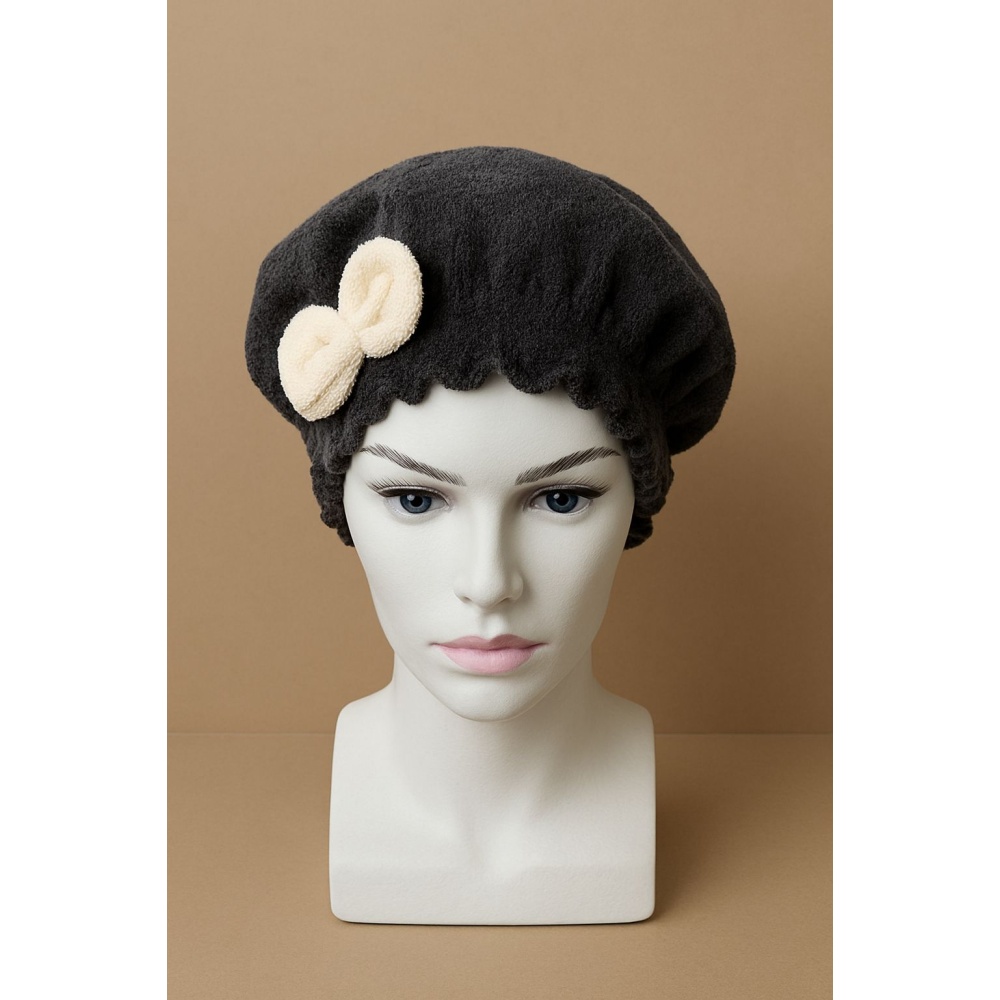 Saç Kurulama Banyo Duş Bonesi – %100 Pamuk , Fiyonklu Siyah