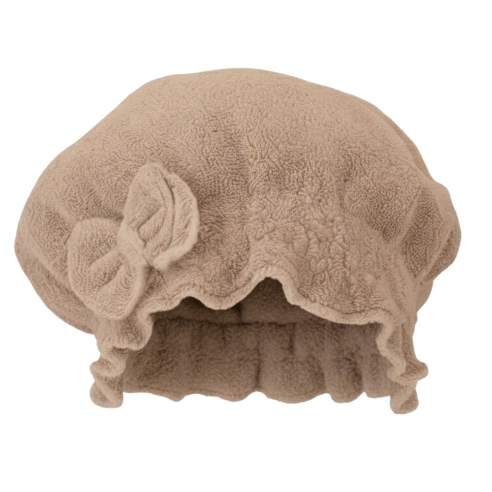 Saç Kurulama Banyo Duş Bonesi – %100 Pamuk , Fiyonklu Kahverengi