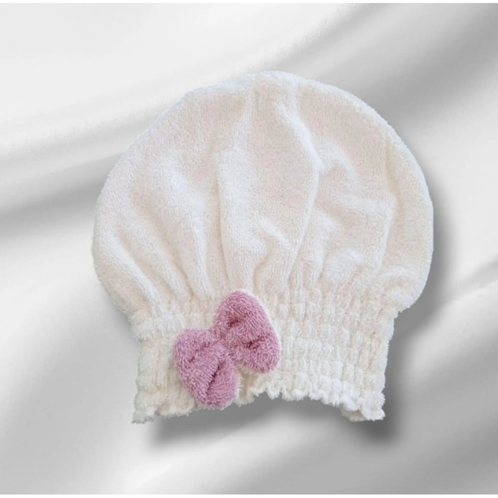 Saç Kurulama Banyo Duş Bonesi – %100 Pamuk , Fiyonklu Beyaz