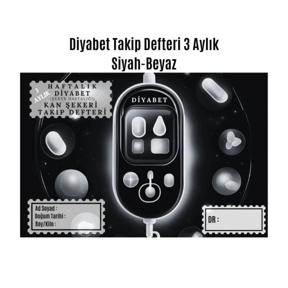 Diyabet Ölçüm Takip Çizelgesi Defteri A Kalite Özel Tasarım 3 Aylık A5 Siyah-Beyaz
