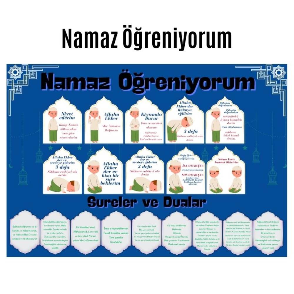 Çocuklar İçin Renkli  Namaz Öğreniyorum Afişi - 33x48 cm Figürlü Eğitim Materyali Erkek