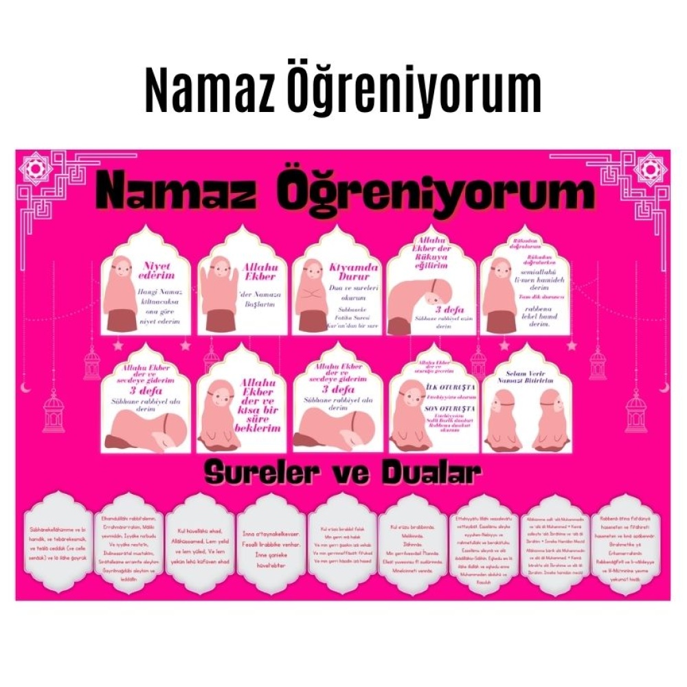 Çocuklar İçin Renkli  Namaz Öğreniyorum Afişi - 33x48 cm Figürlü Eğitim Materyali Kız