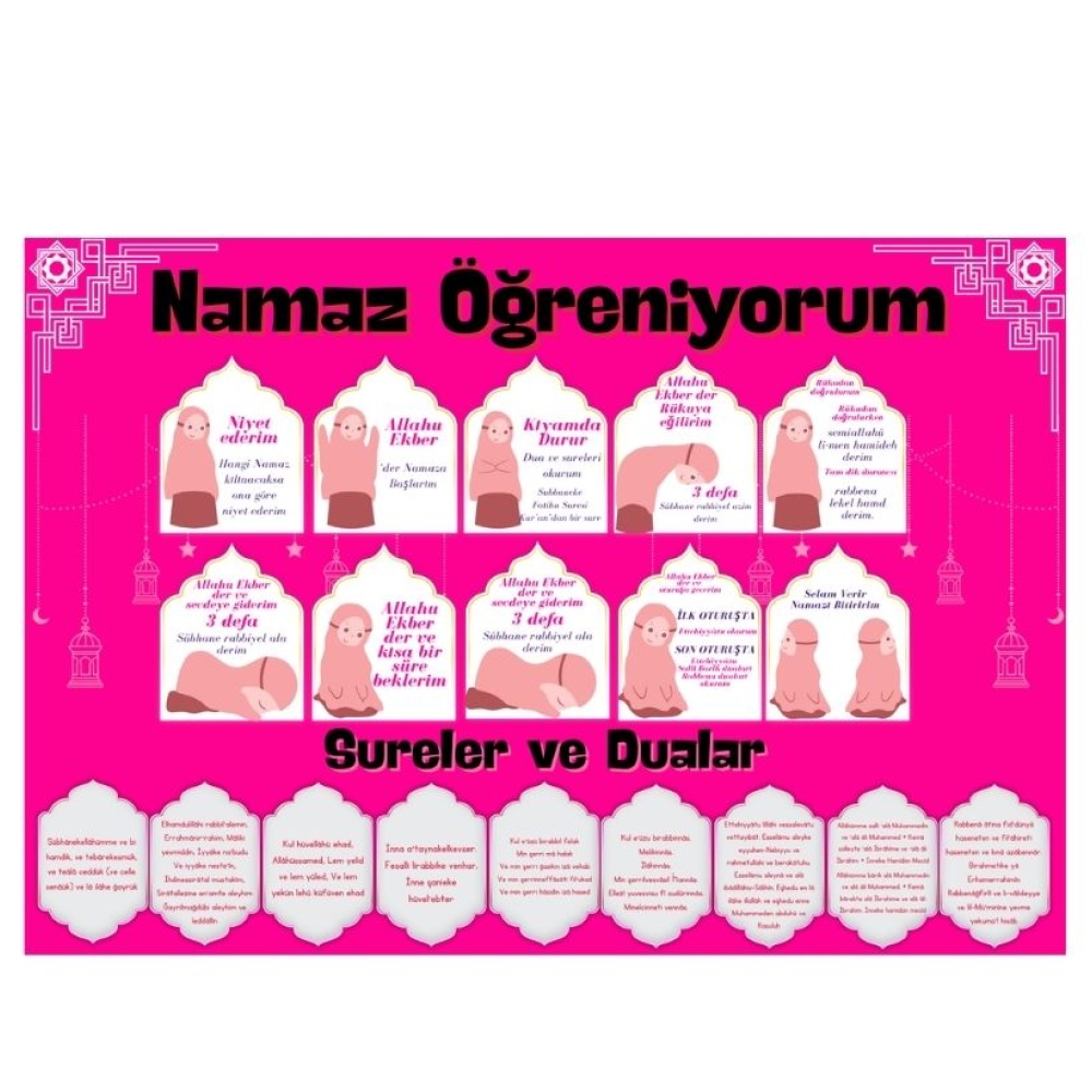 Çocuklar İçin Renkli  Namaz Öğreniyorum Afişi - 33x48 cm Figürlü Eğitim Materyali Kız