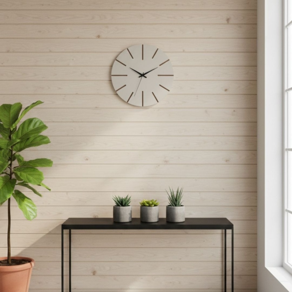 Ahşap Minimal Dekoratif Duvar Saati - 33x33 cm Krem