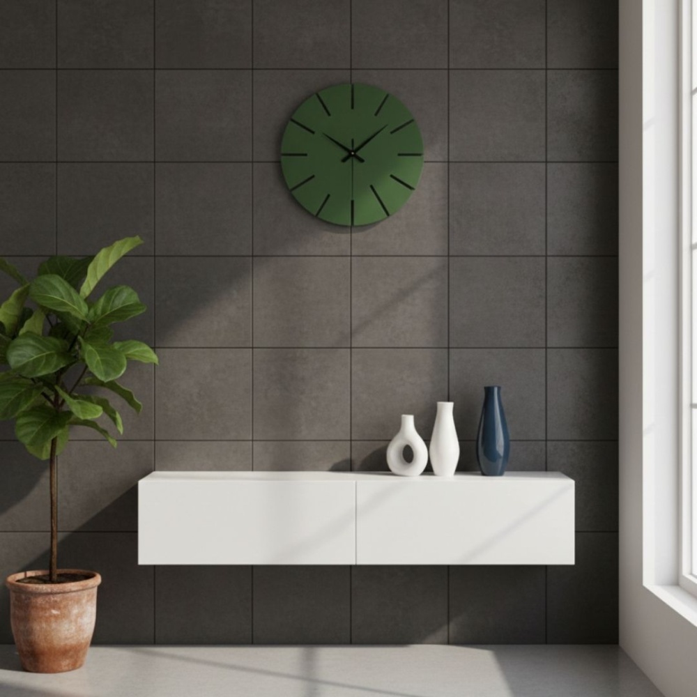 Ahşap Minimal Dekoratif Duvar Saati - 33x33 cm Koyu Yeşil