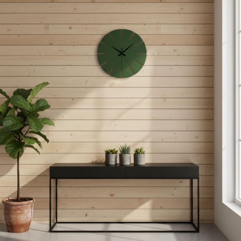 Ahşap Minimal Dekoratif Duvar Saati - 33x33 cm Koyu Yeşil