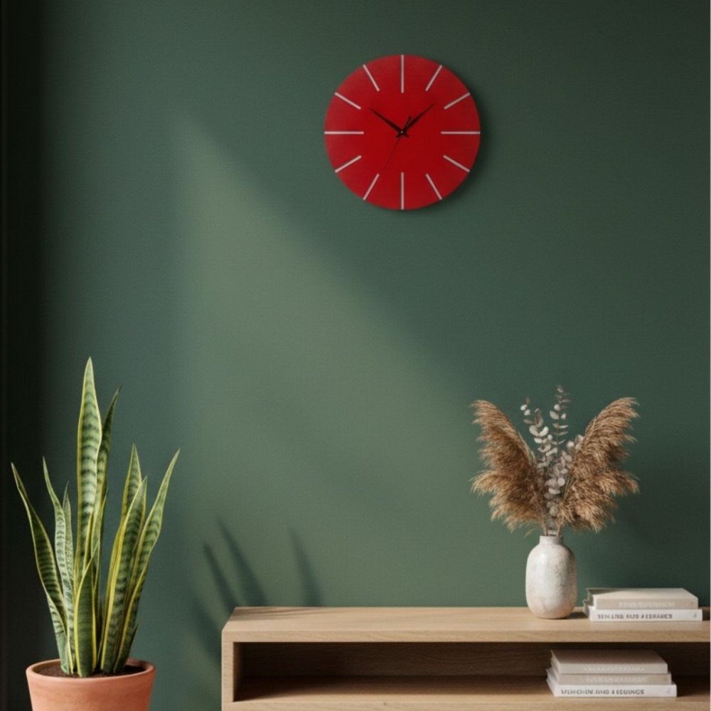 Ahşap Minimal Dekoratif Duvar Saati - 33x33 cm Kırmızı