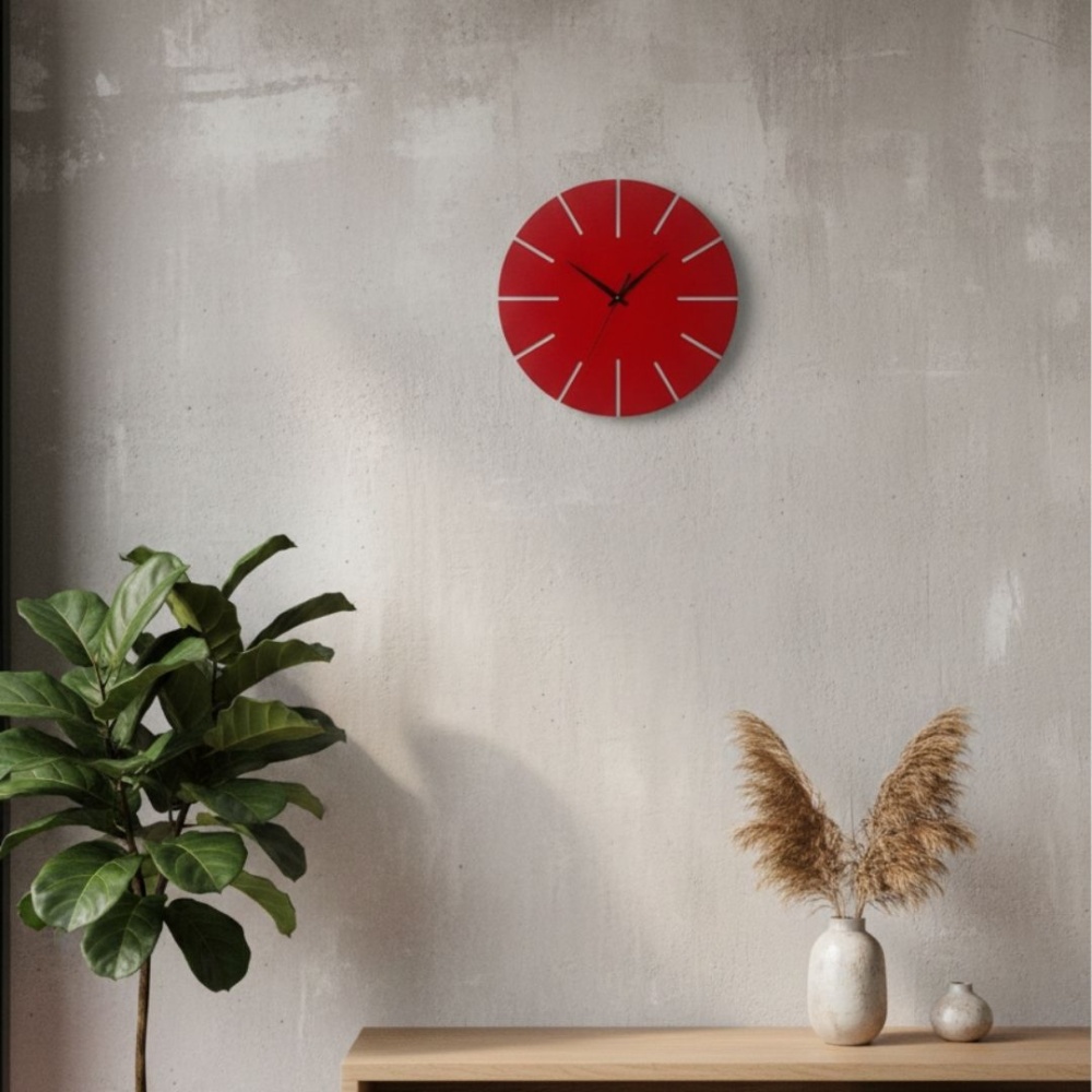 Ahşap Minimal Dekoratif Duvar Saati - 33x33 cm Kırmızı