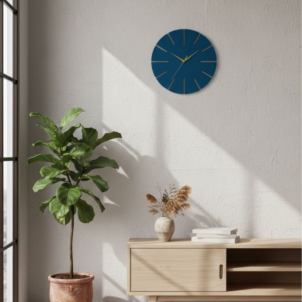 Ahşap Minimal Dekoratif Duvar Saati - 33x33 cm İndigo
