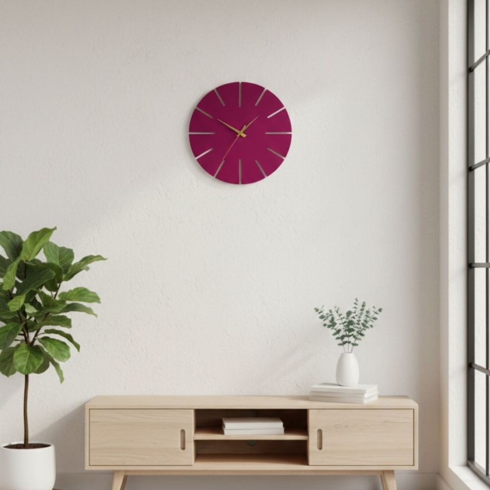 Ahşap Minimal Dekoratif Duvar Saati - 33x33 cm Fuşya