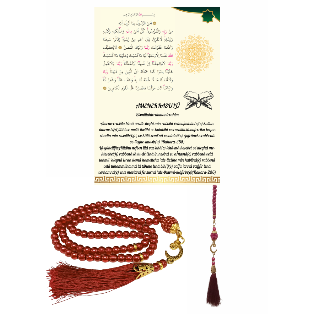 Namaz Tesbihi Vavlı 99lu Cam İncili Amenerrasulü Dua Kartı ile Fuşya Renk Hediyelik