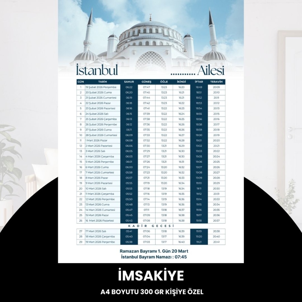 Ramazan İmsakiyesi - 300 gr - A4 Boyut Kişiye Özel İsimli & Logolu 1 Adet Mavi
