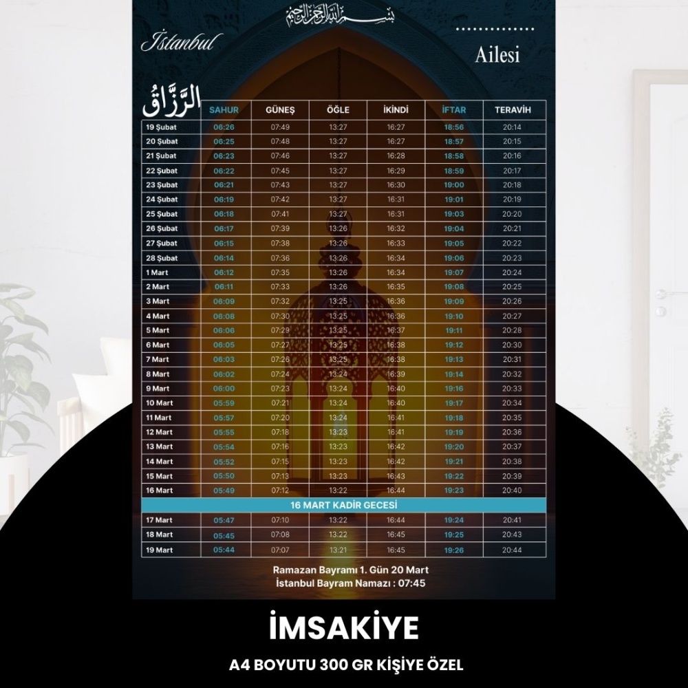 Ramazan İmsakiyesi - 300 gr - A4 Boyut Kişiye Özel İsimli & Logolu 1 Adet Lacivert