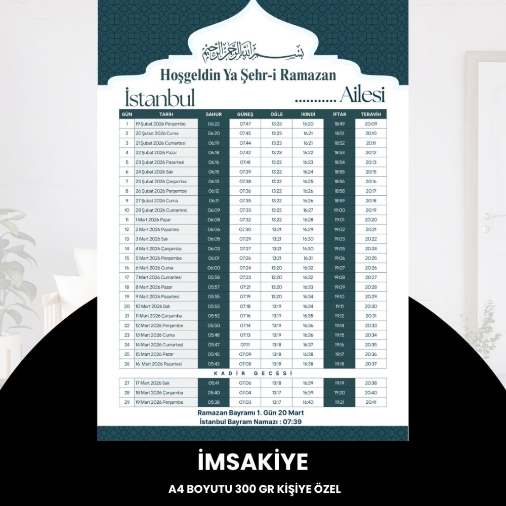 Ramazan İmsakiyesi - 300 gr - A4 Boyut Kişiye Özel İsimli & Logolu 10 Adet Yeşil