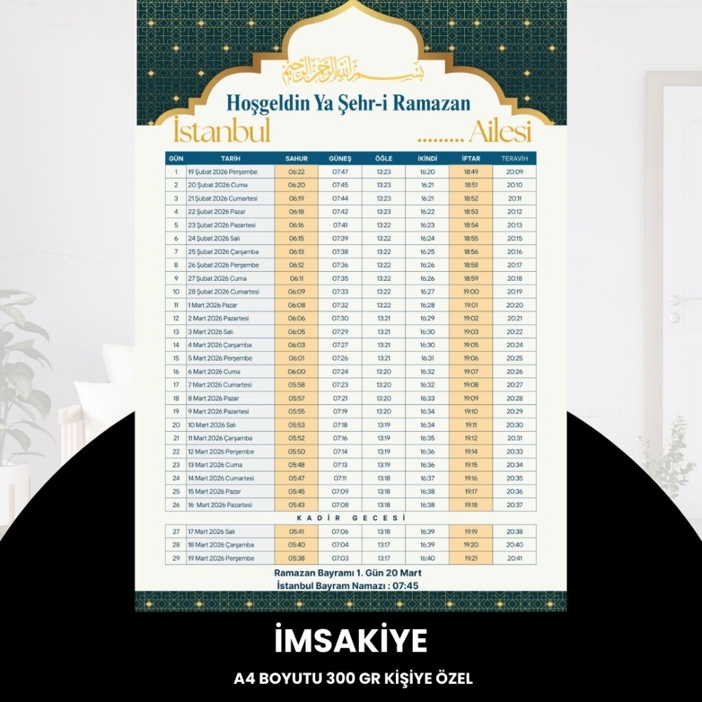 Ramazan İmsakiyesi - 300 gr - A4 Boyut Kişiye Özel İsimli & Logolu 10 Adet Sarı