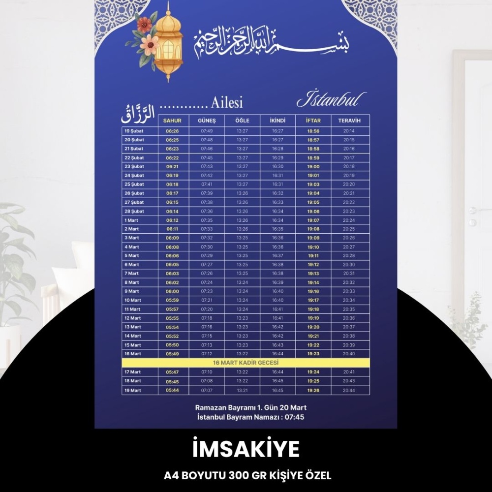 Ramazan İmsakiyesi - 300 gr - A4 Boyut Kişiye Özel İsimli & Logolu 10 Adet Mat Mavi