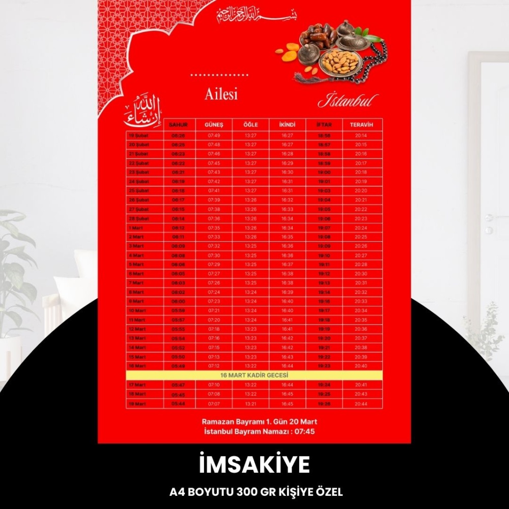 Ramazan İmsakiyesi - 300 gr - A4 Boyut Kişiye Özel İsimli & Logolu 10 Adet Kırmızı