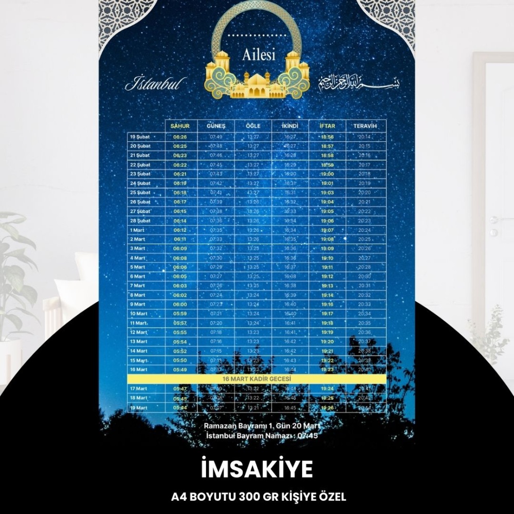 Ramazan İmsakiyesi - 300 gr - A4 Boyut Kişiye Özel İsimli & Logolu 10 Adet Gökyüzü