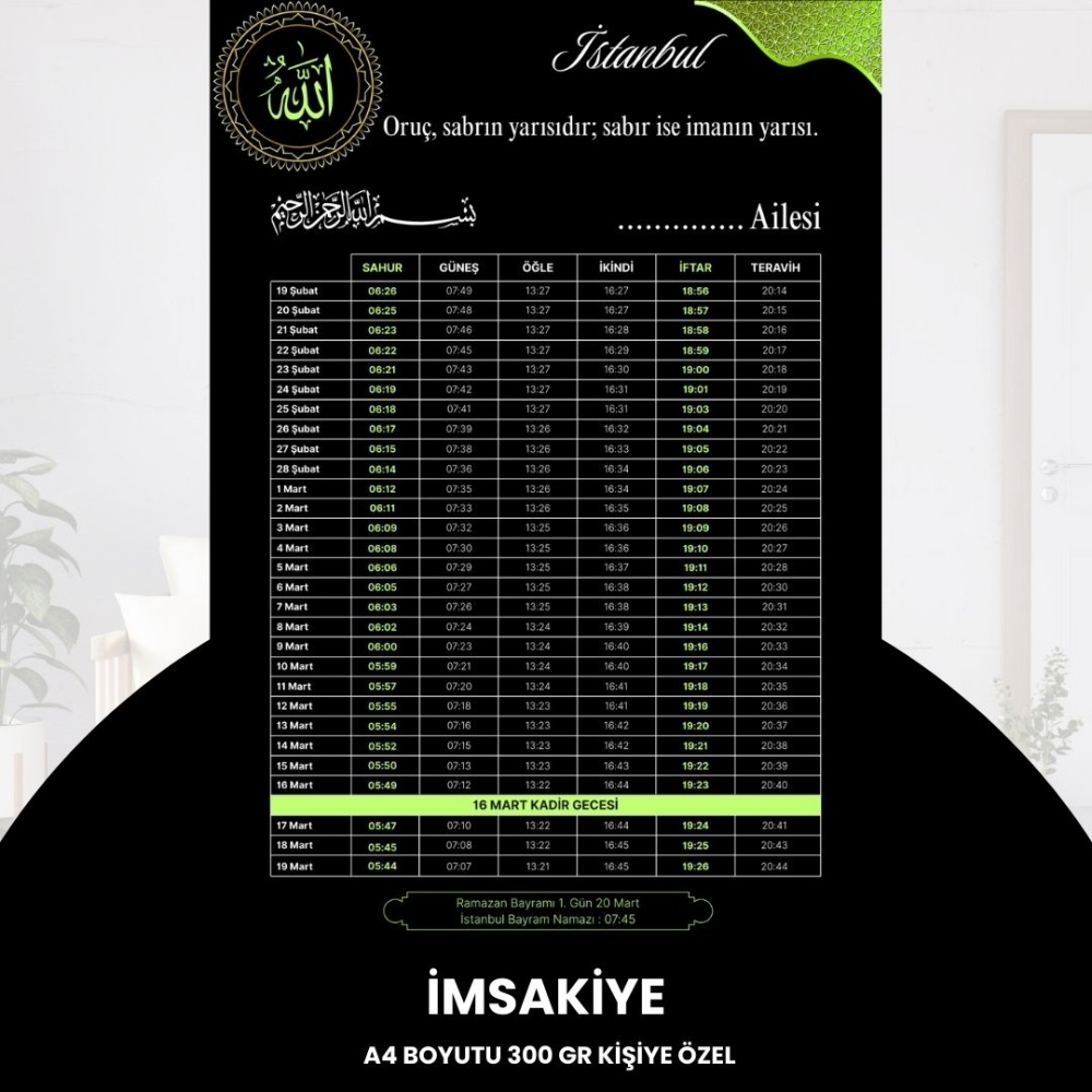 Ramazan İmsakiyesi - 300 gr - A4 Boyut Kişiye Özel İsimli & Logolu 10 Adet Siyah-Yeşil