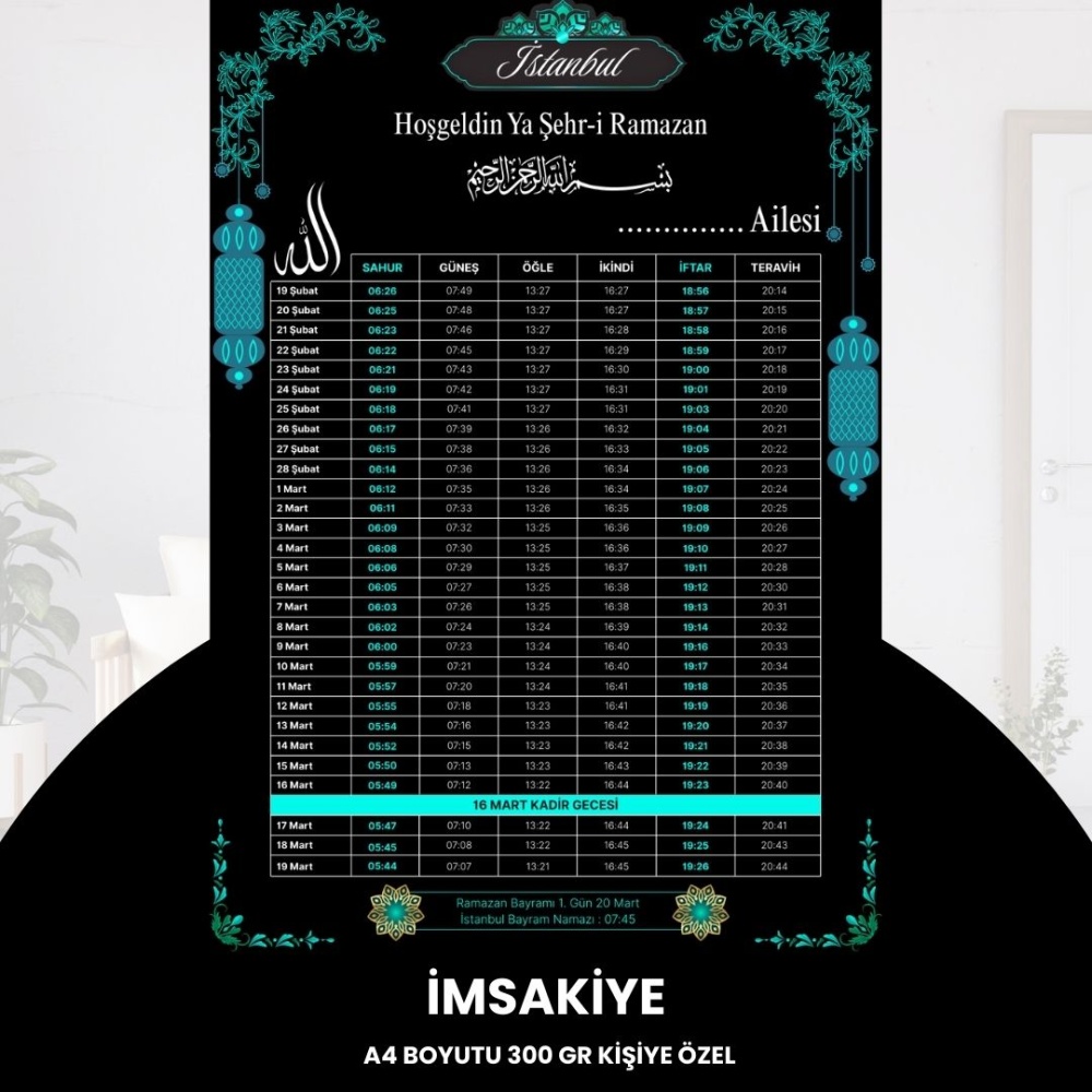 Ramazan İmsakiyesi - 300 gr - A4 Boyut Kişiye Özel İsimli & Logolu 10 Adet Siyah-Mavi
