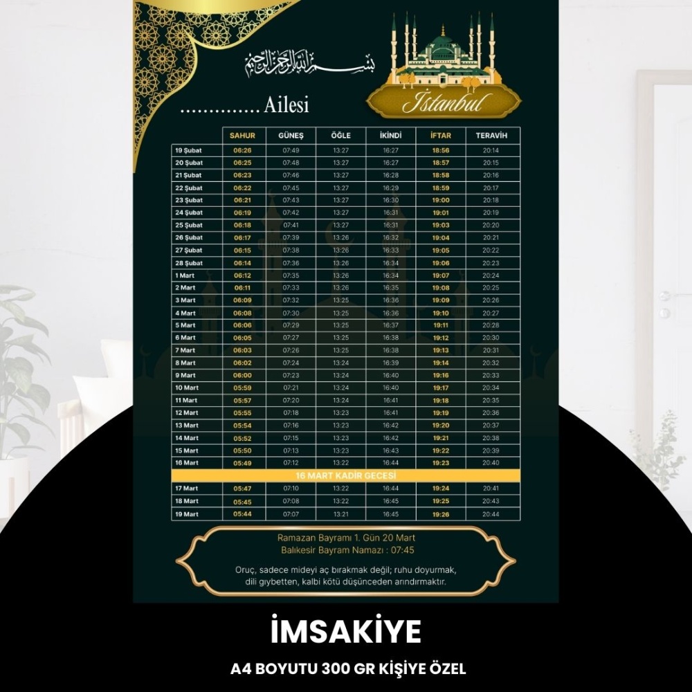 Ramazan İmsakiyesi - 300 gr - A4 Boyut Kişiye Özel İsimli & Logolu 10 Adet Koyu Yeşil