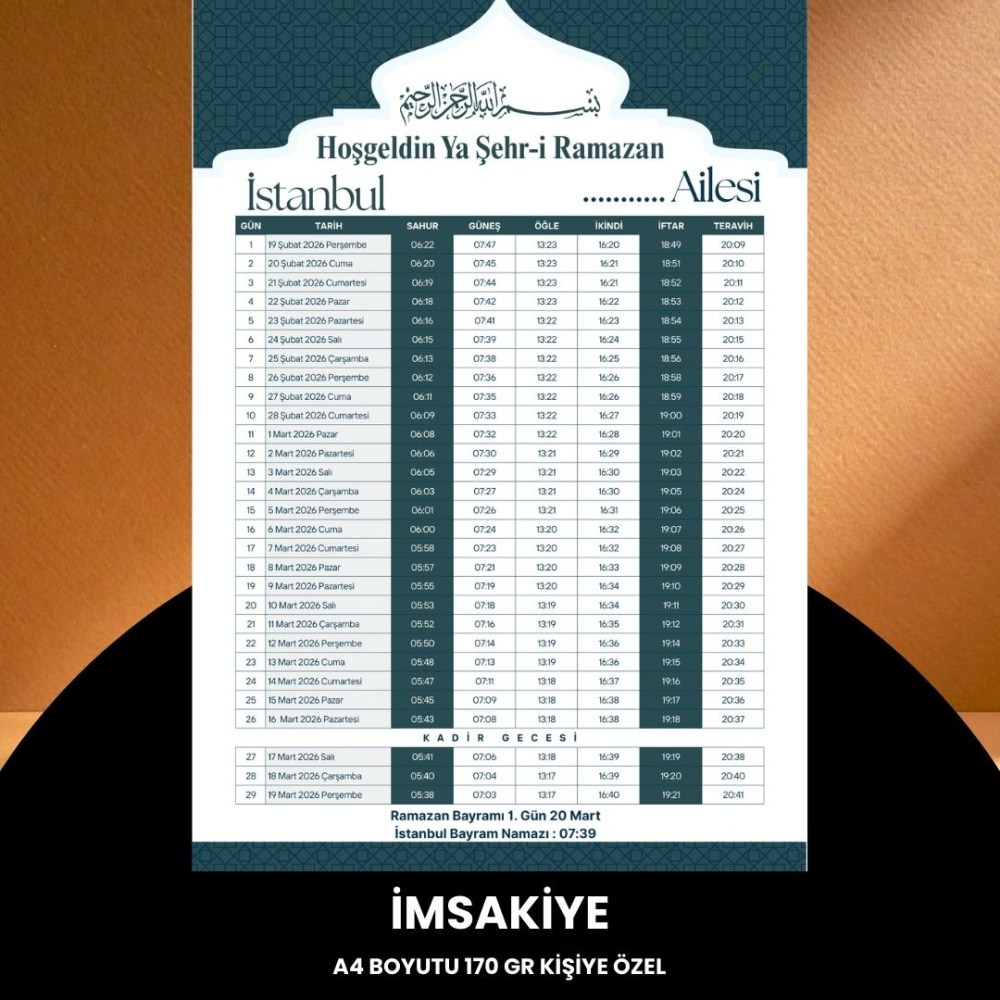 Ramazan İmsakiyesi - 170 gr - A4 Boyut Kişiye Özel İsimli & Logolu 100 Adet Yeşil