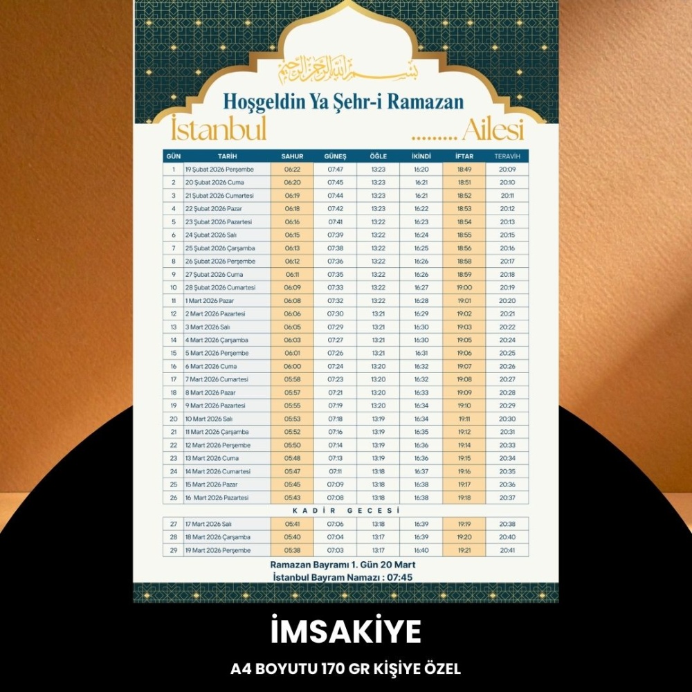 Ramazan İmsakiyesi - 170 gr - A4 Boyut Kişiye Özel İsimli & Logolu 100 Adet Sarı