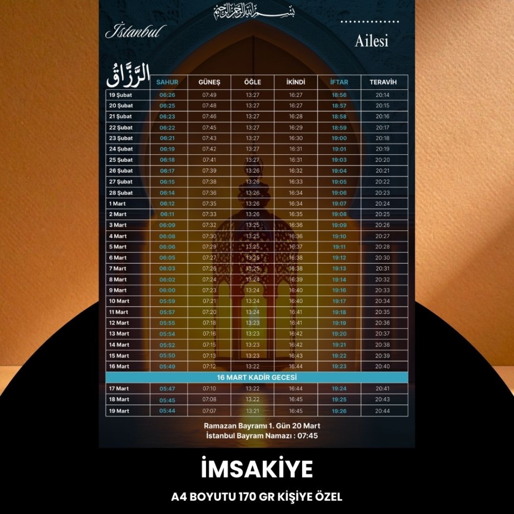 Ramazan İmsakiyesi - 170 gr - A4 Boyut Kişiye Özel İsimli & Logolu 100 Adet Lacivert
